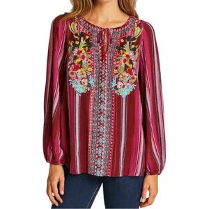 SAVANNA JANE Women L Boho Embroidered Colorful Pink Striped Blouse Peasant Style